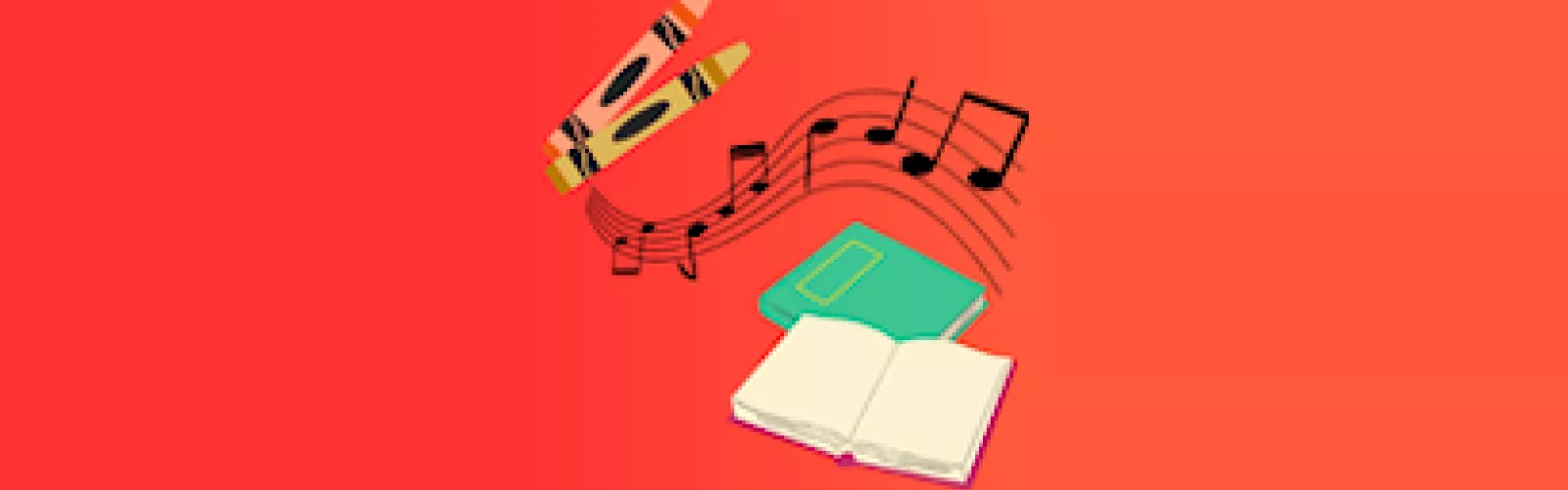 Crayons, books, music notes.